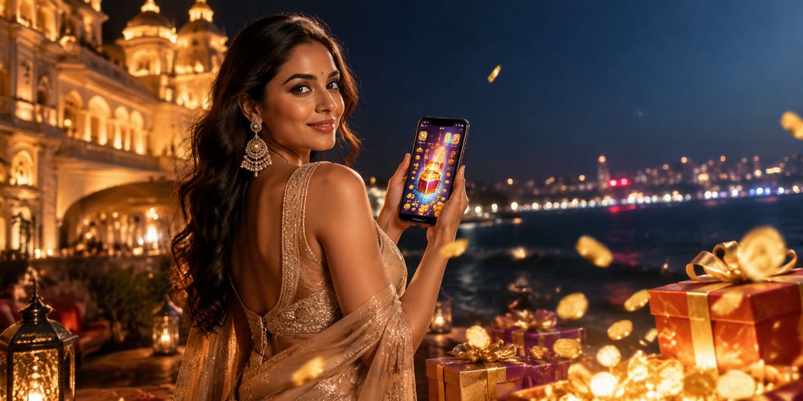 Indian female player using smartphone lottery app in comfortable home setting