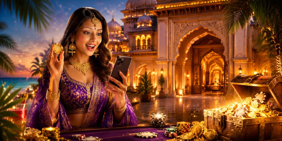 Indian player checking lottery results on mobile near beach